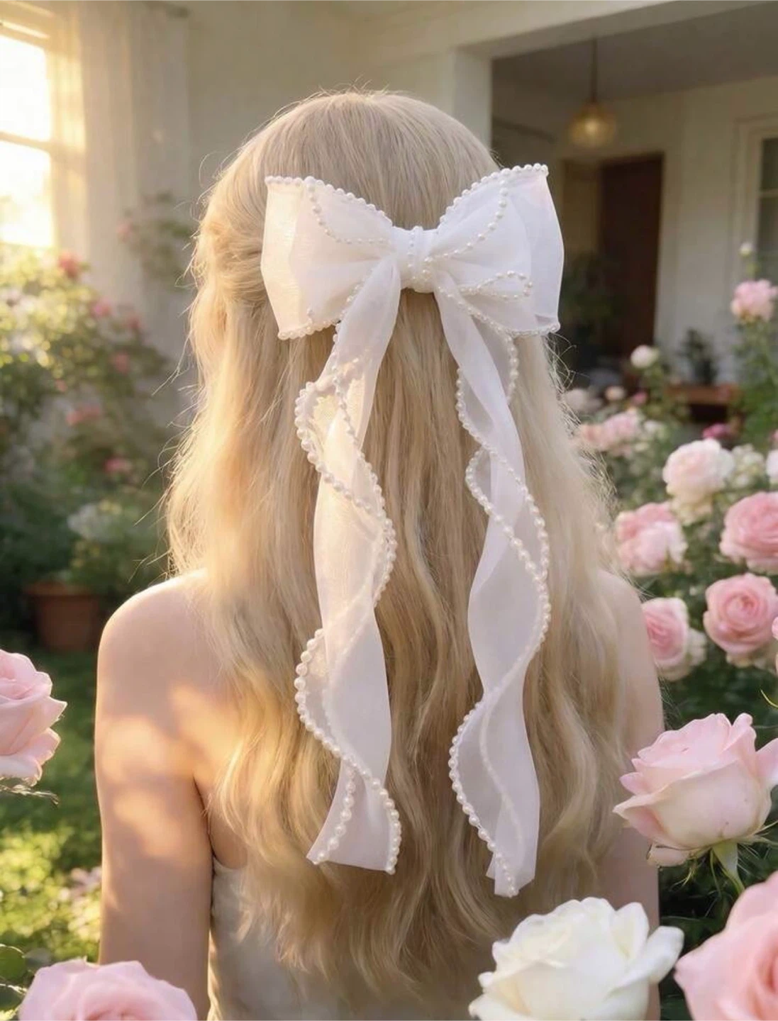 White Organza Bow Hair Clip with Pearls - photo 3