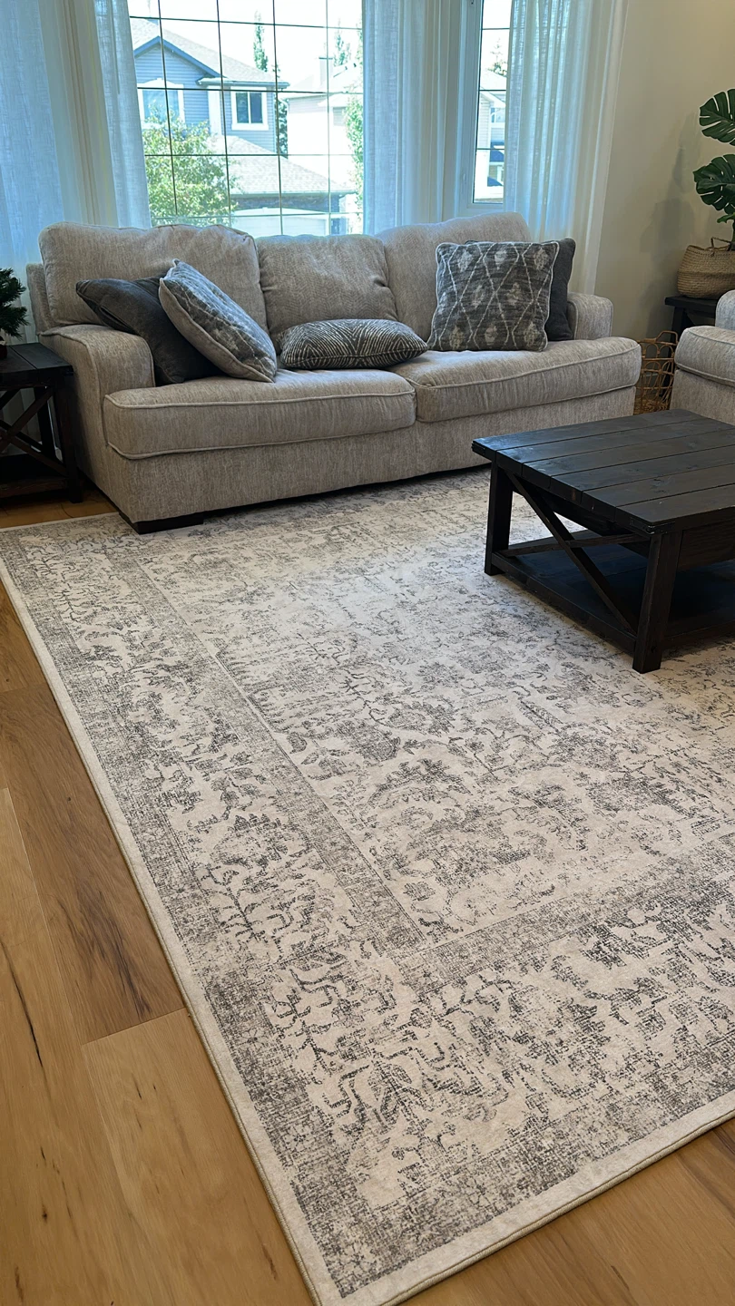 Ashley sofa with area rug and tables