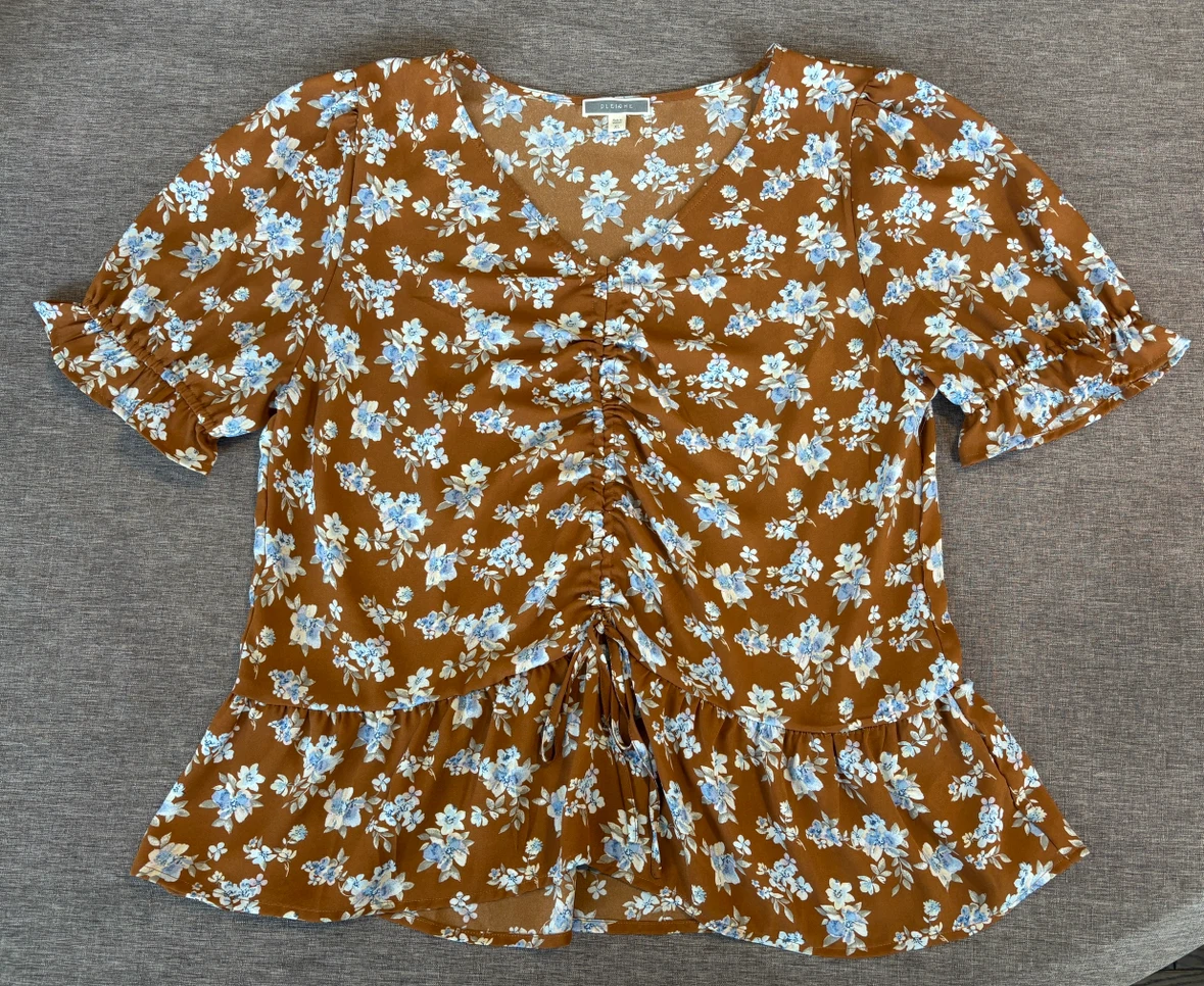 Anthropologie Pleione Floral Brown Ruched Peplum Blouse XL