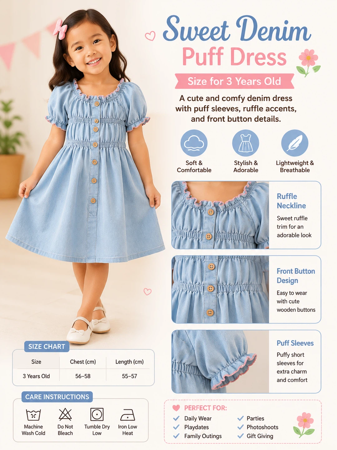 Sweet Denim Puff Dress - Size 3 Years