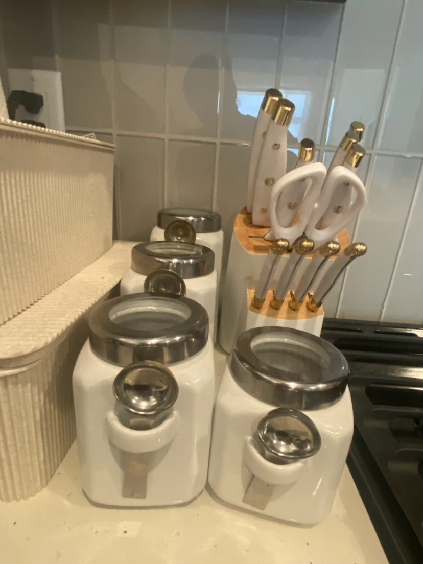 White Ceramic Canisters with Stainless Steel Lids
