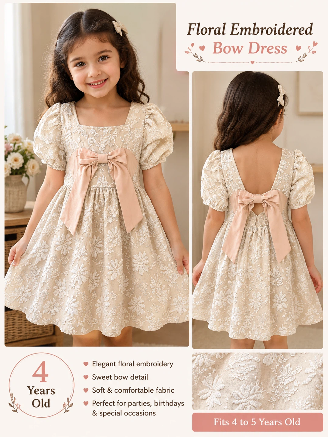 Floral Embroidered Bow Dress - Size 4-5 Years