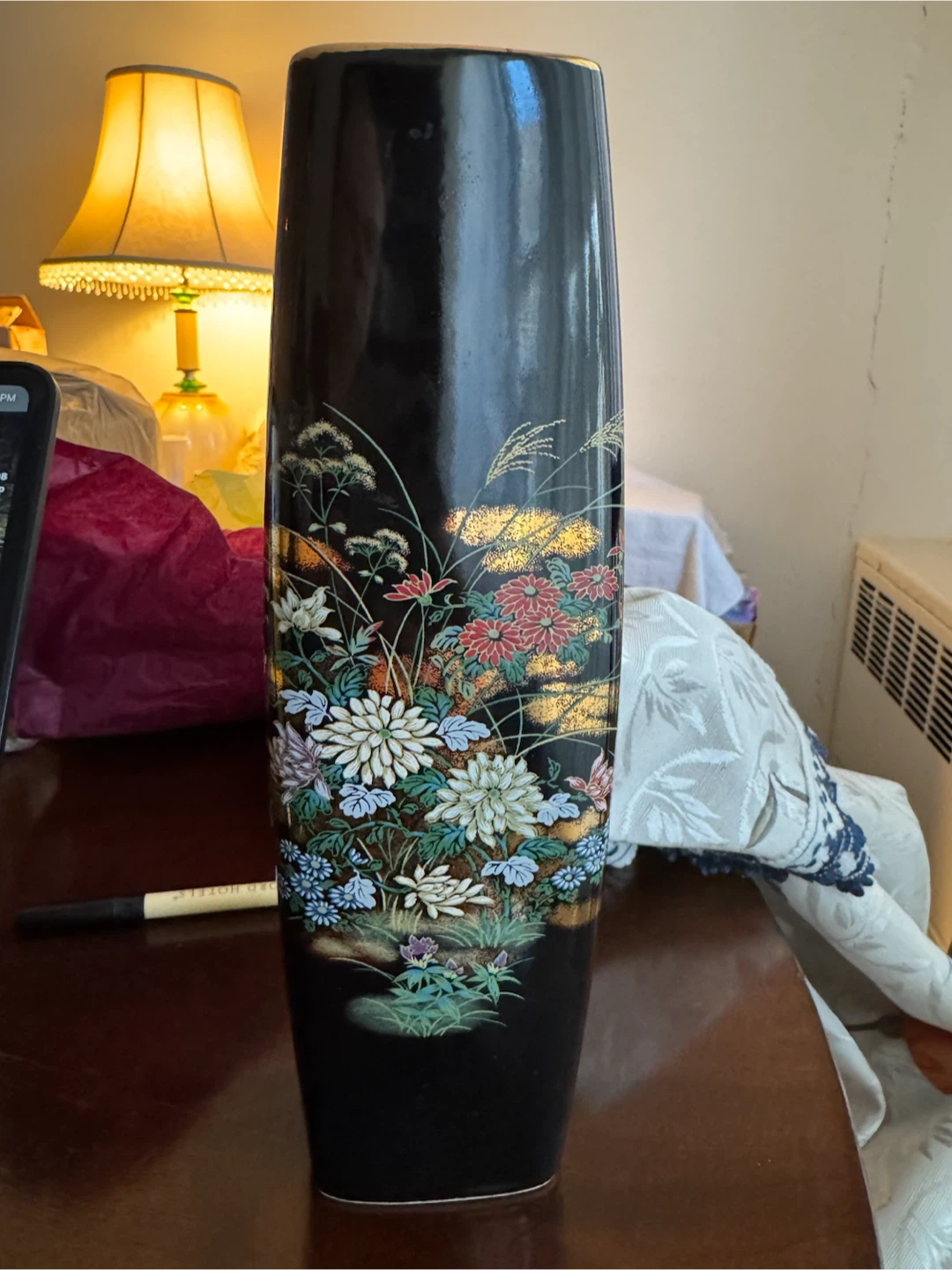 Decorative Black Vase with Floral Design