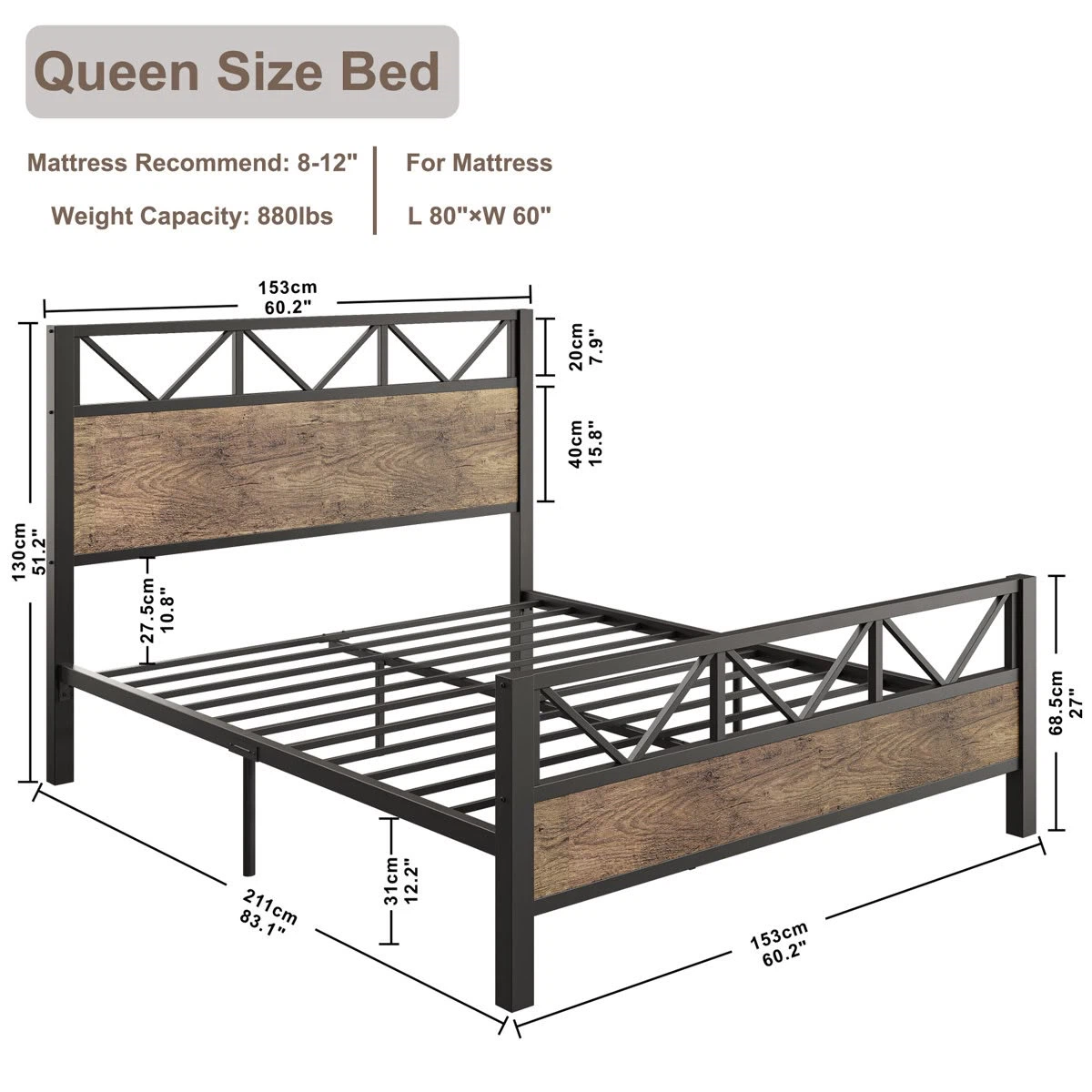 Queen Size Industrial Metal and Wood Bed Frame - photo 2