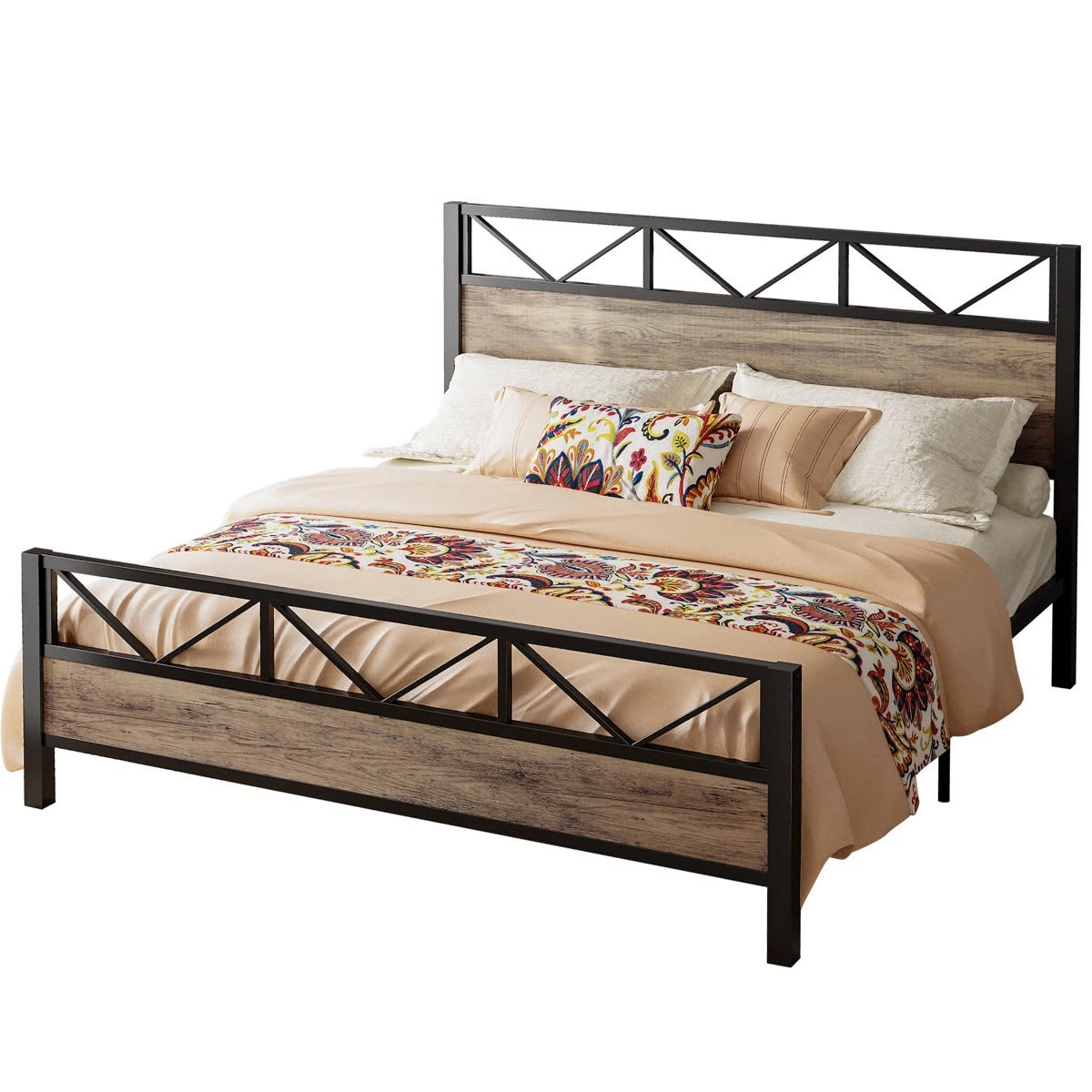Queen Size Industrial Metal and Wood Bed Frame - photo 3
