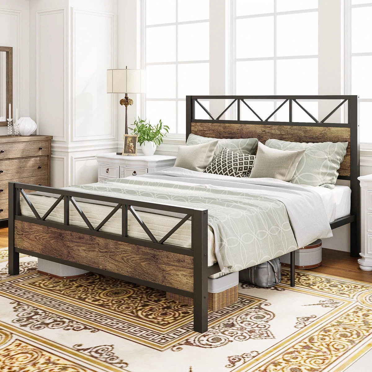 Queen Size Industrial Metal and Wood Bed Frame - photo 5