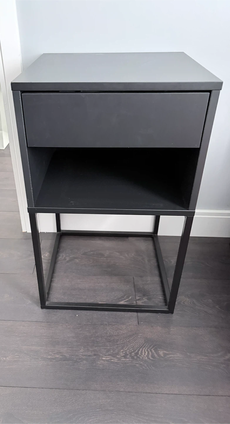 Dark gray Metal Nightstand with Drawer and Shelf