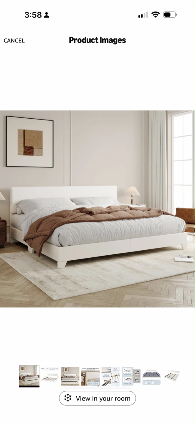 White Queen Platform Bed Frame with Adjustable Headboard