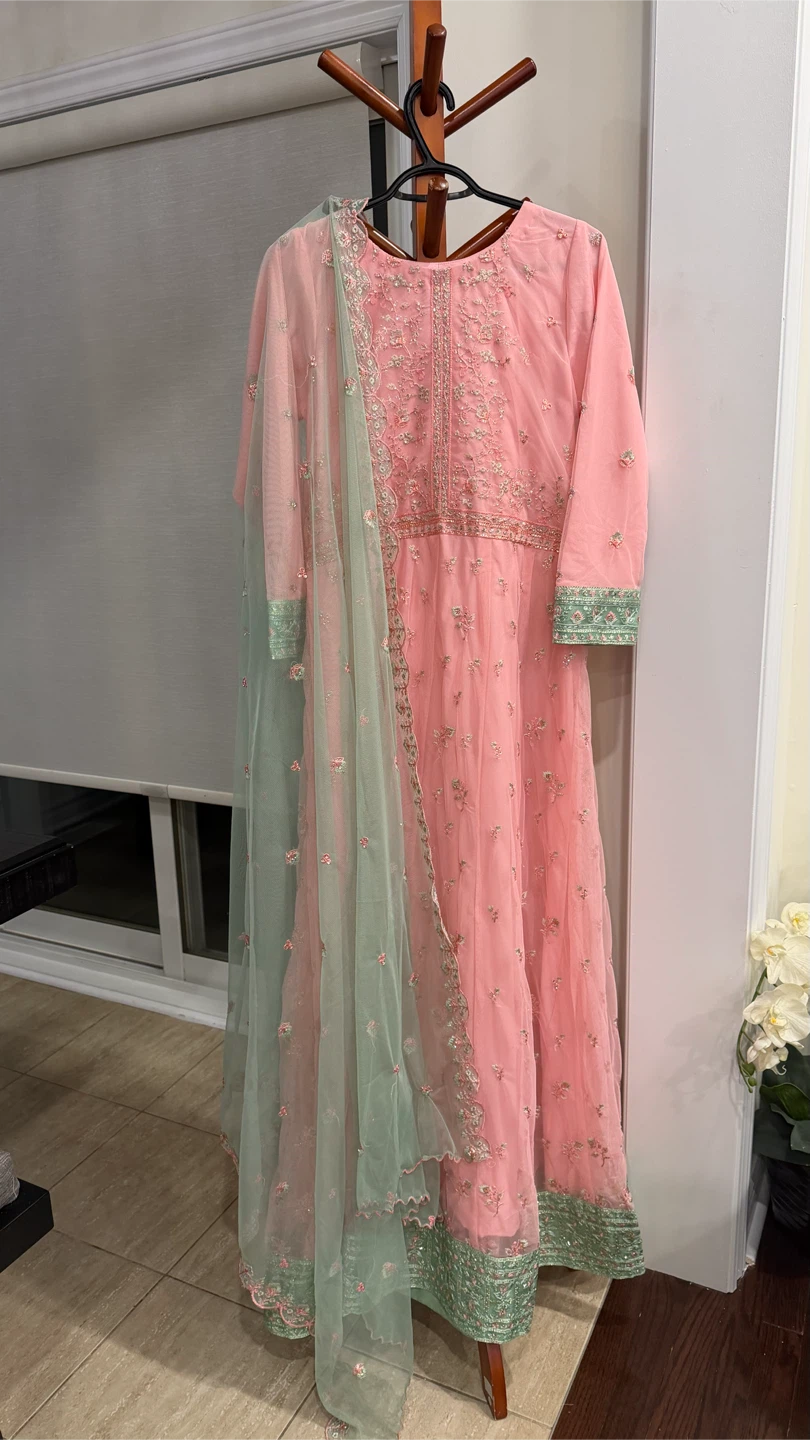 Pink Embroidered Maxi Dress with Dupatta and Pants
