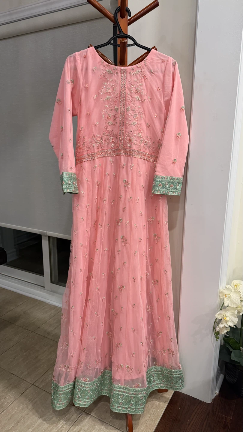 Pink Embroidered Maxi Dress with Dupatta and Pants - photo 2