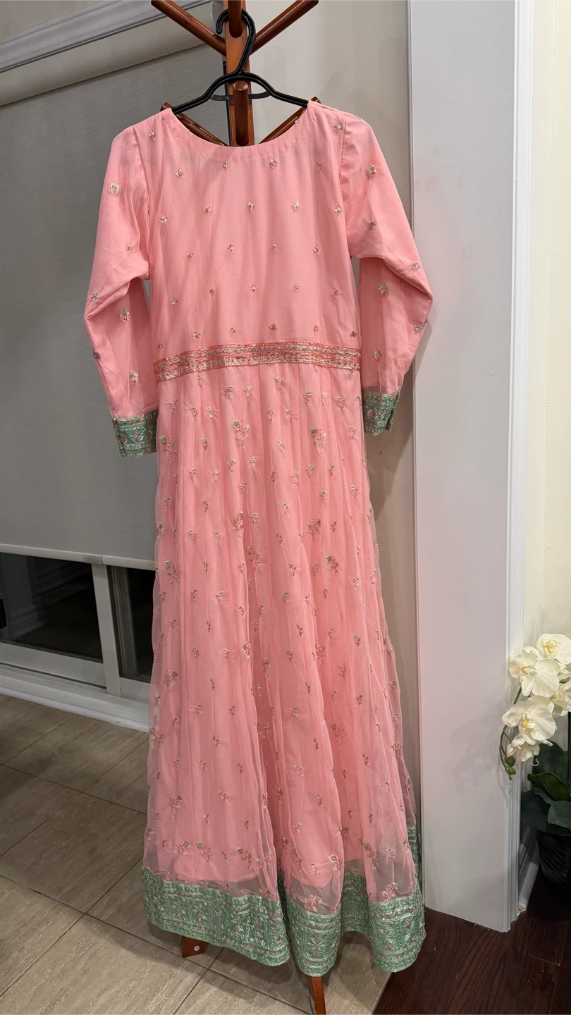 Pink Embroidered Maxi Dress with Dupatta and Pants - photo 4