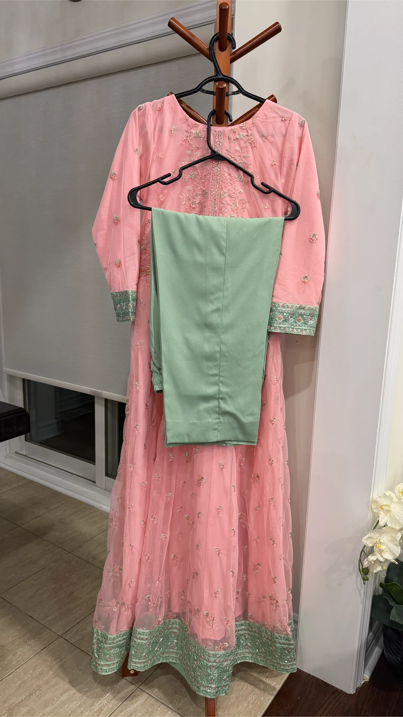 Pink Embroidered Maxi Dress with Dupatta and Pants - photo 5