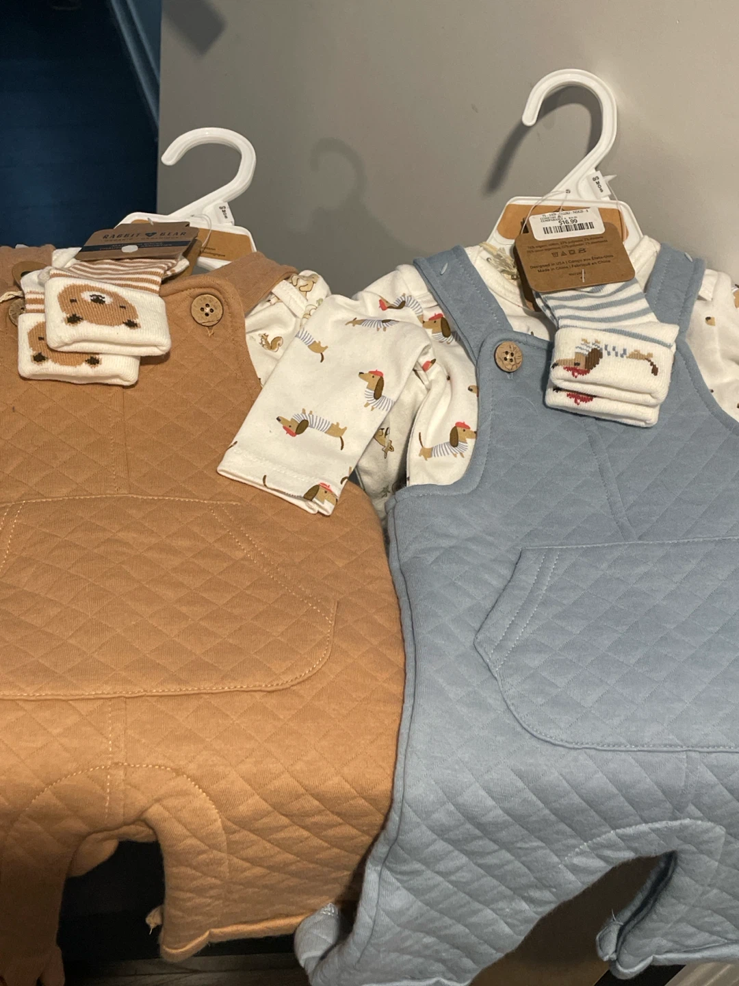 2 New Baby Quilted Overalls and Socks Set
