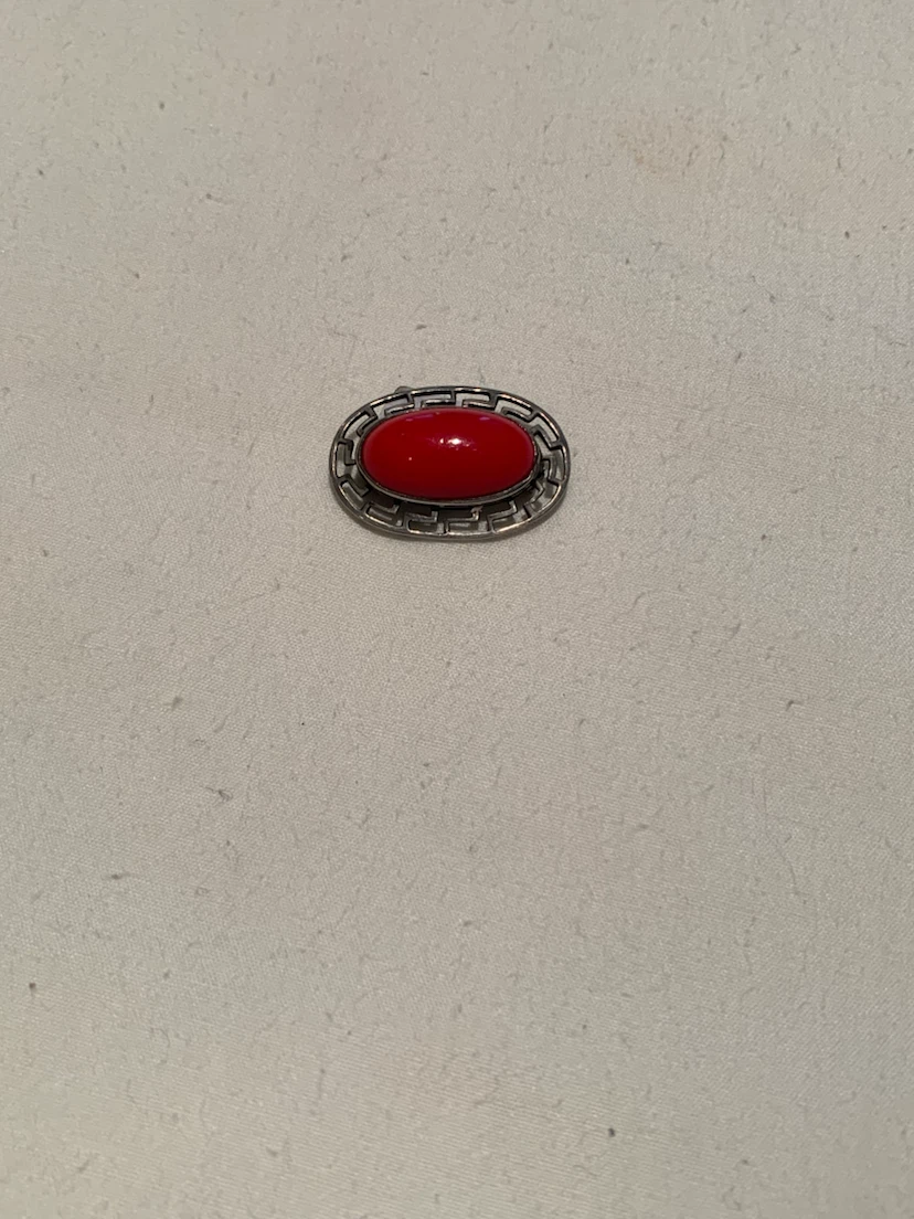 Silver Oval Brooch with Red Stone