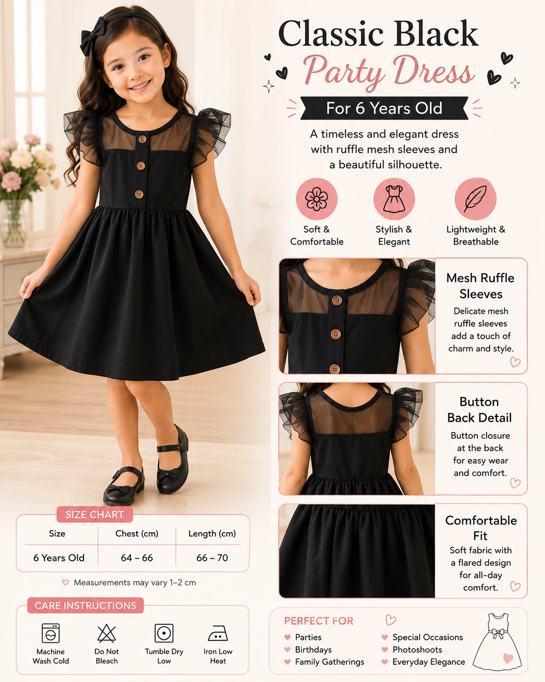 Girls Black Party Dress - Size 6Y