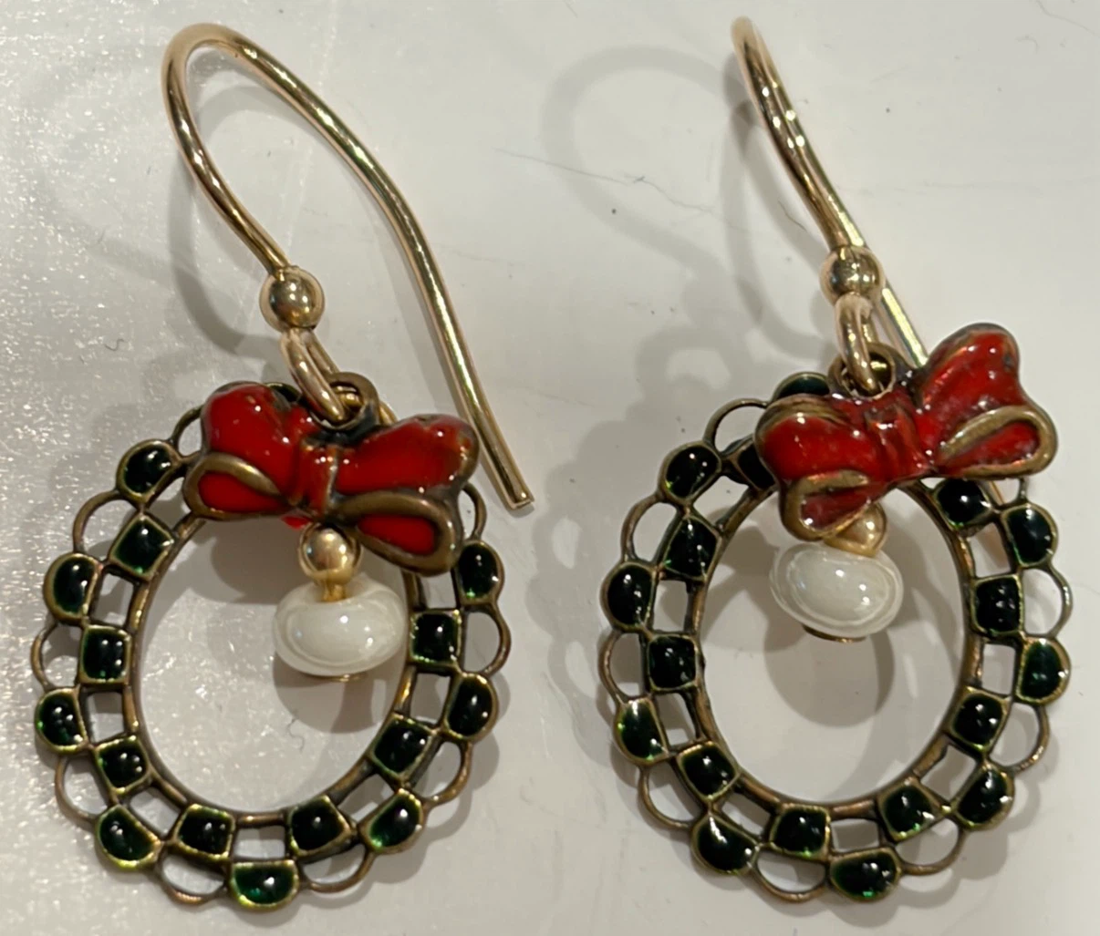 Christmas Wreath Dangle Earrings Red Bow Green Enamel Faux Pearl
