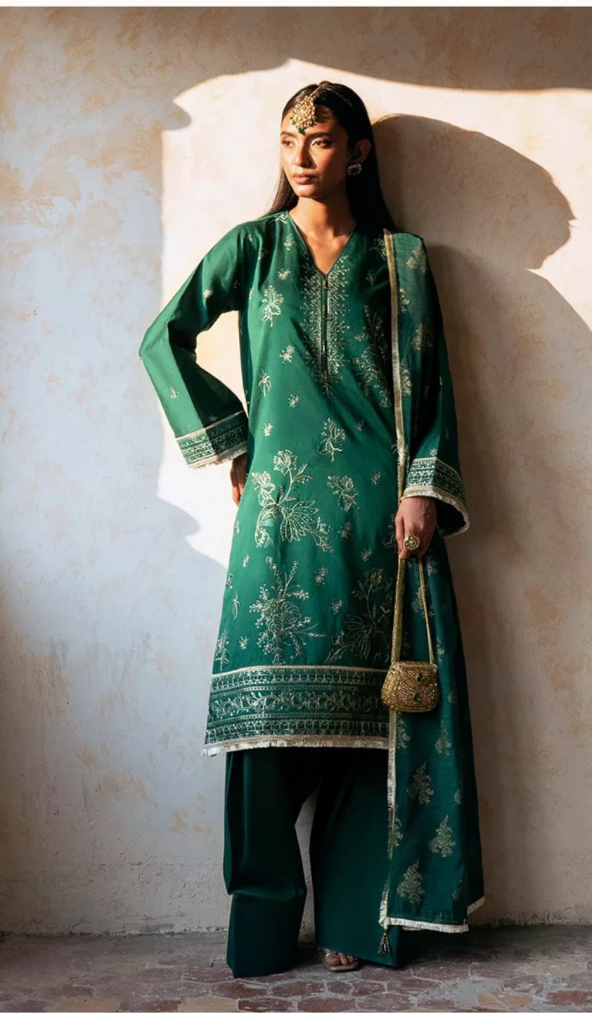 Green embroidered three piece suit
