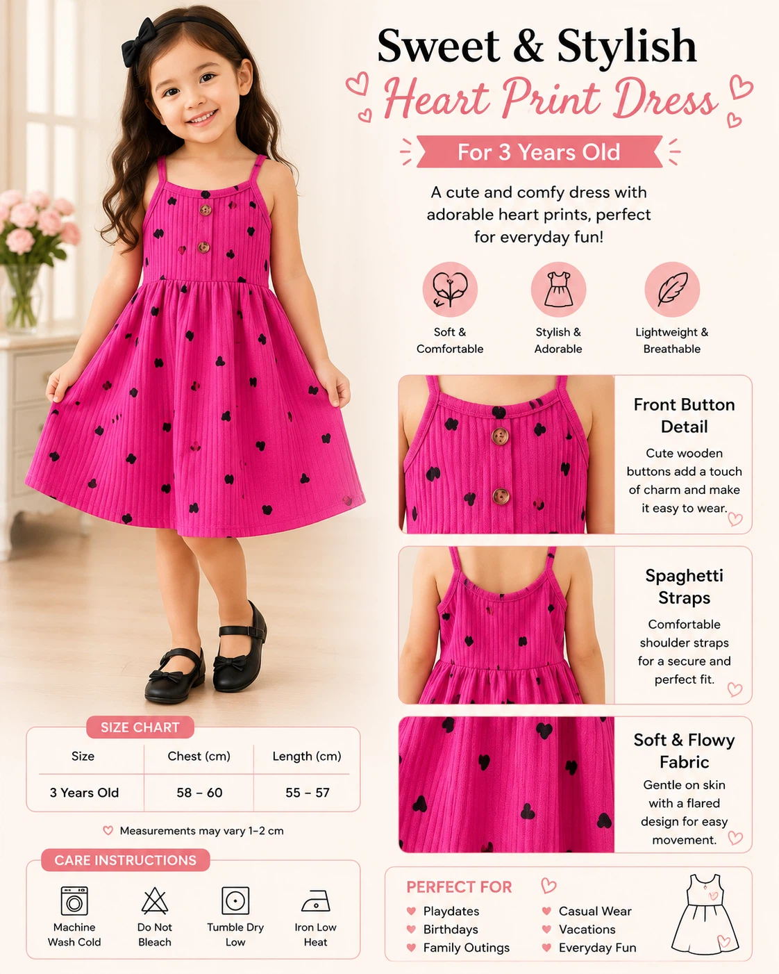 Sweet & Stylish Heart Print Dress - 3 Years Old