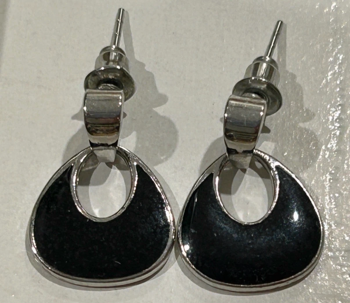 Silver Tone Black Teardrop Earrings