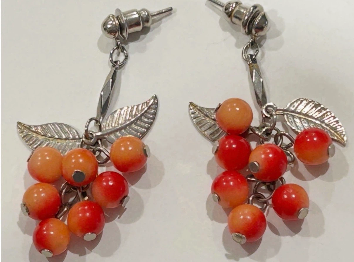 Vintage Silver Tone Red Grapevine Chandelier Style Drop Earrings