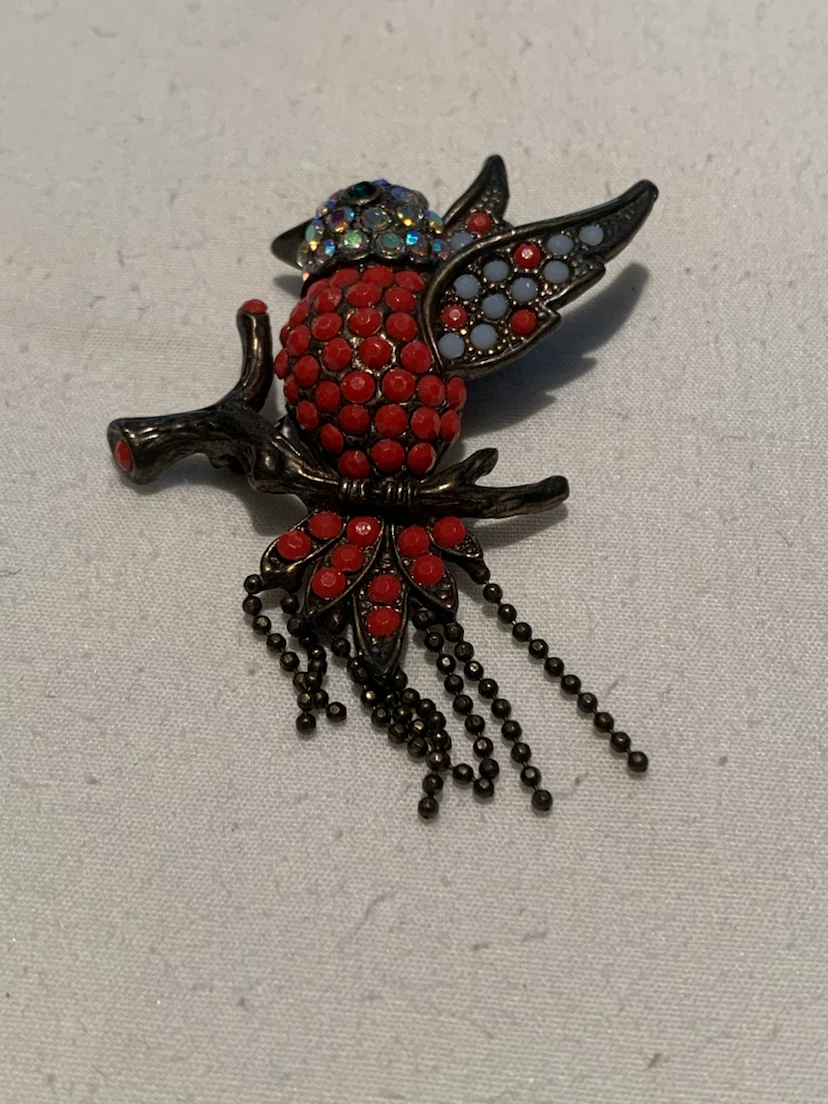 Jewelled Bird Brooch with Dangling Chains