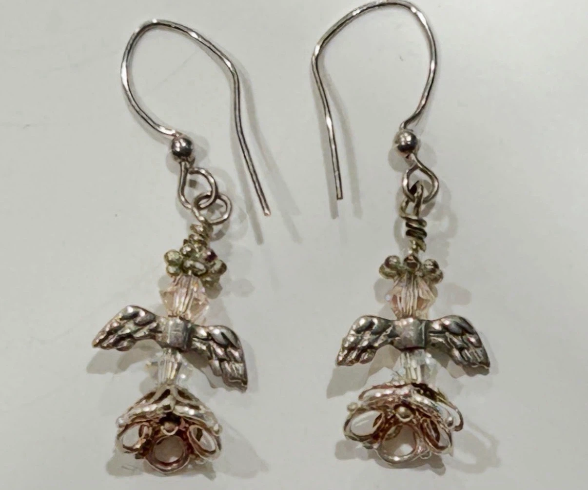 Angel Wing Silver Tone Beaded Dangle Drop Earrings