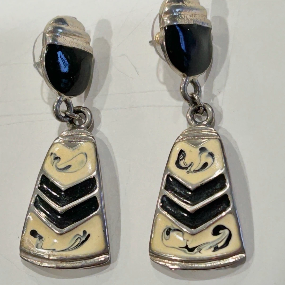 Black, Cream & Silver Tone Drop Earrings