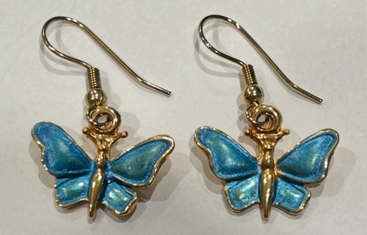 Gold Tone Butterfly Drop Earrings with Blue Wings