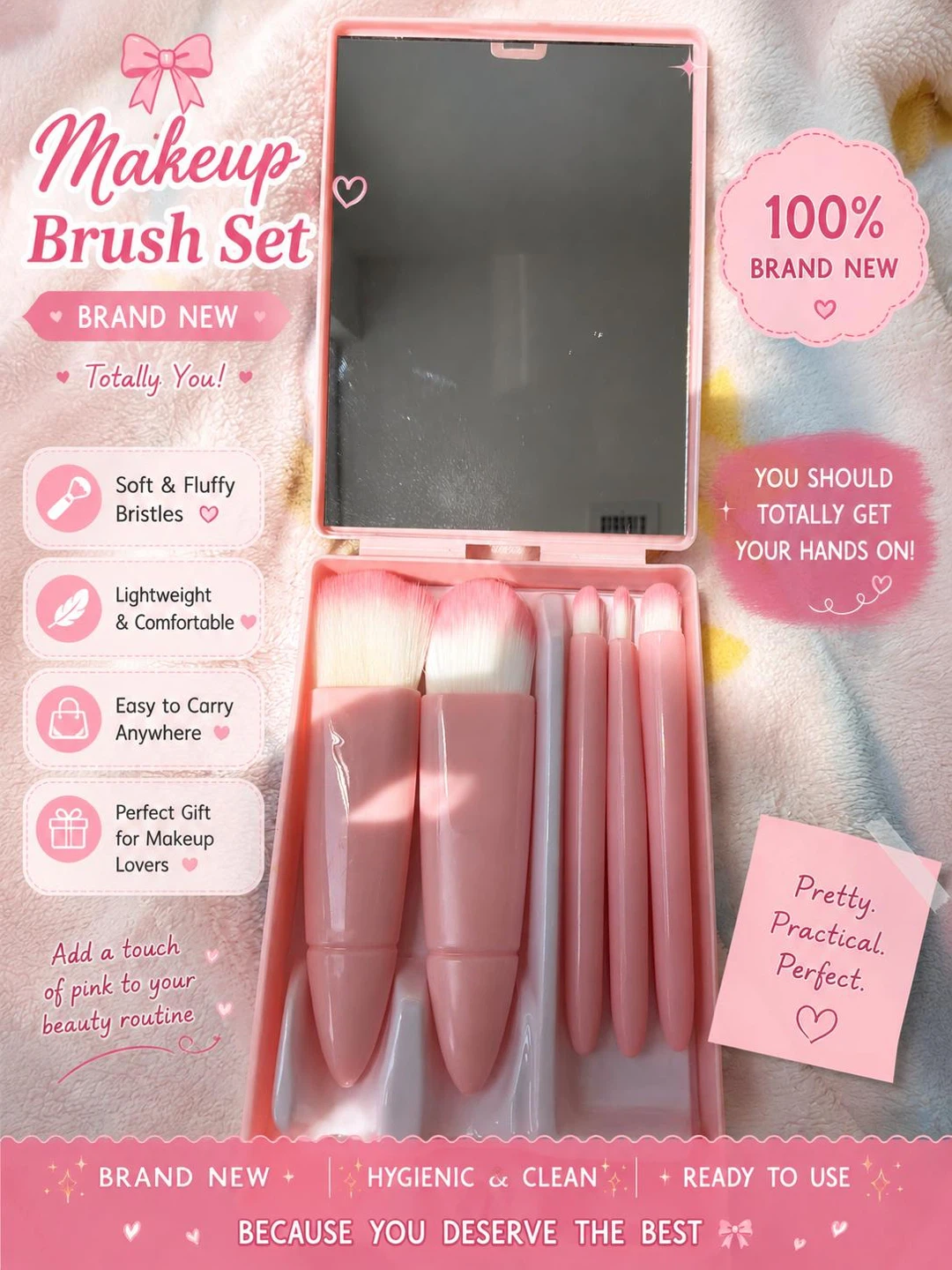 Pink Makeup Brush Set with Mirror