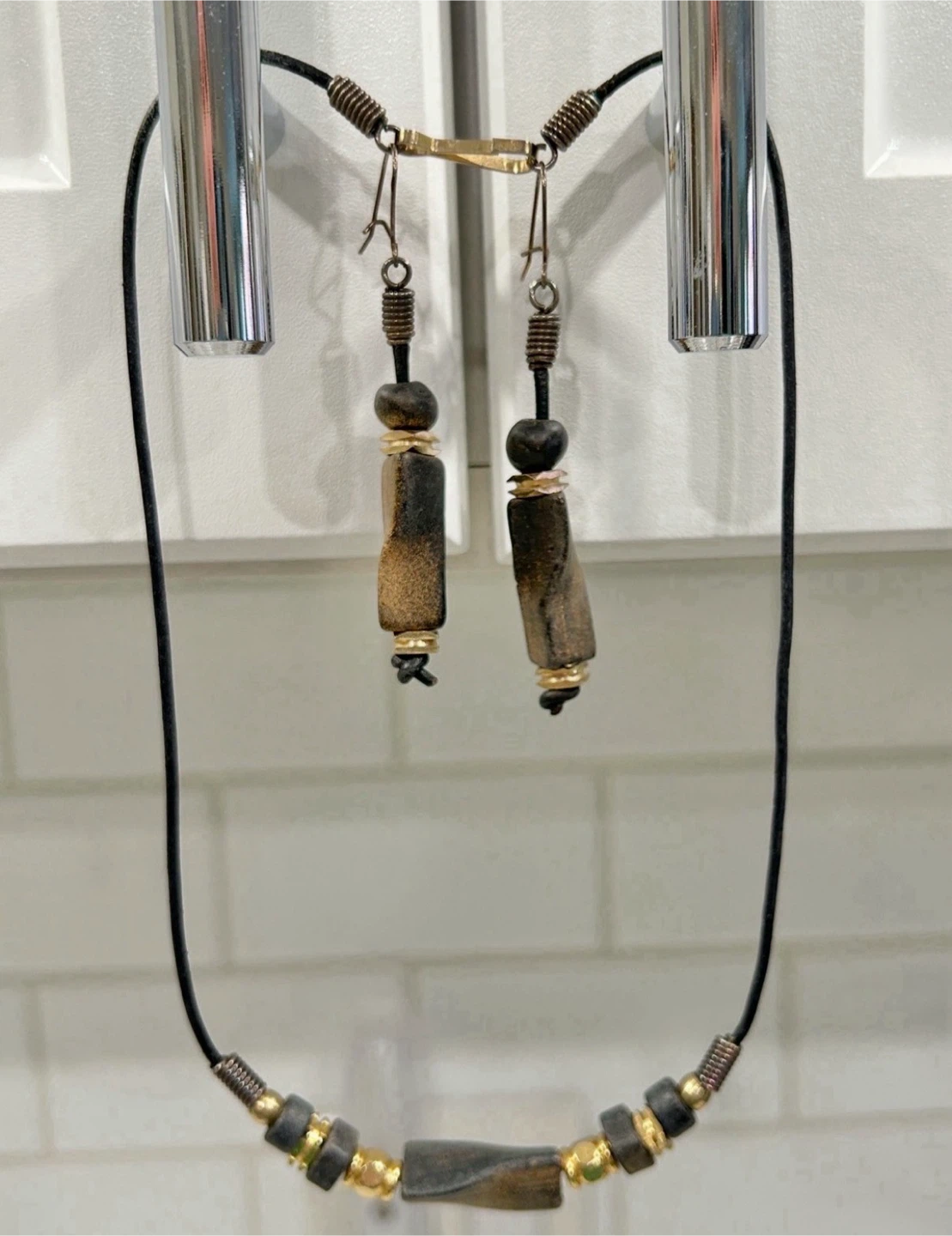 Boho Wood/Stone Like & Brass Beads, Necklace/Earrings Set