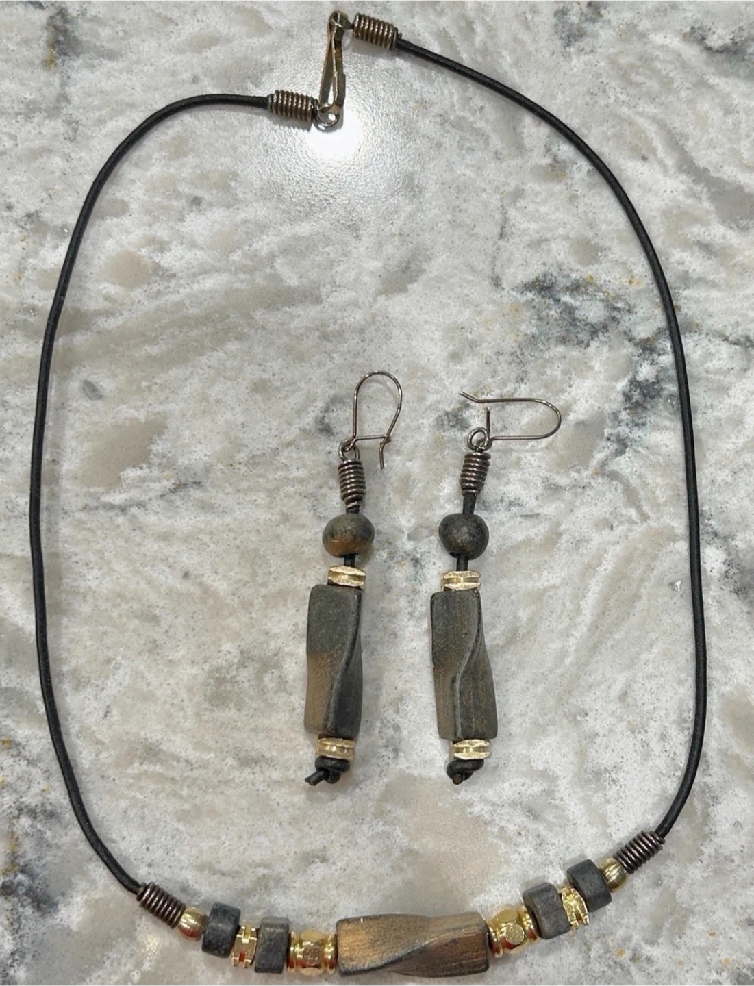 Boho Wood/Stone Like & Brass Beads, Necklace/Earrings Set - photo 2