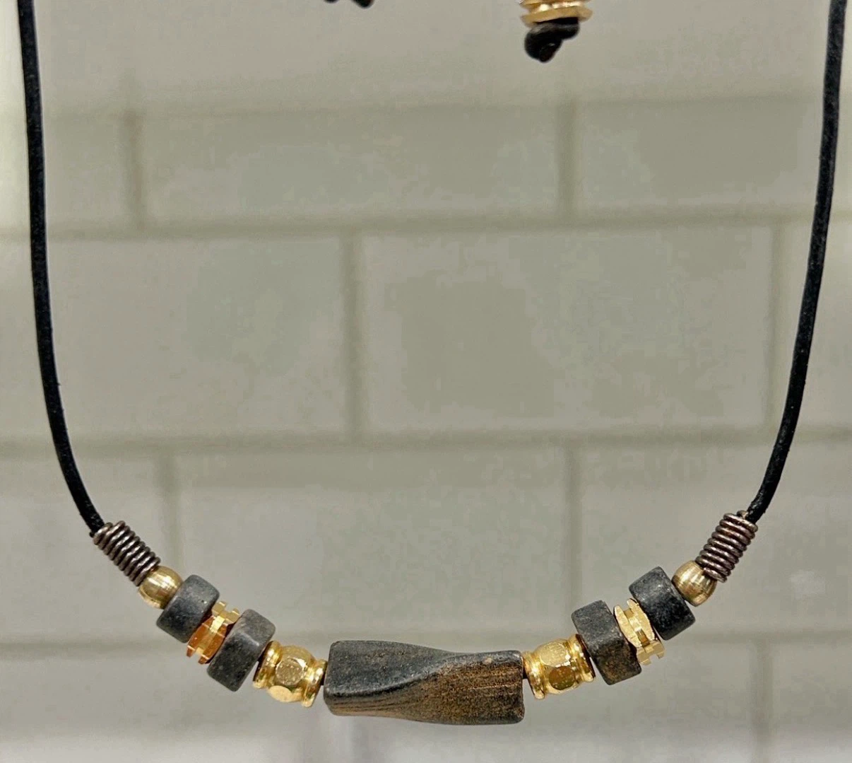 Boho Wood/Stone Like & Brass Beads, Necklace/Earrings Set - photo 3