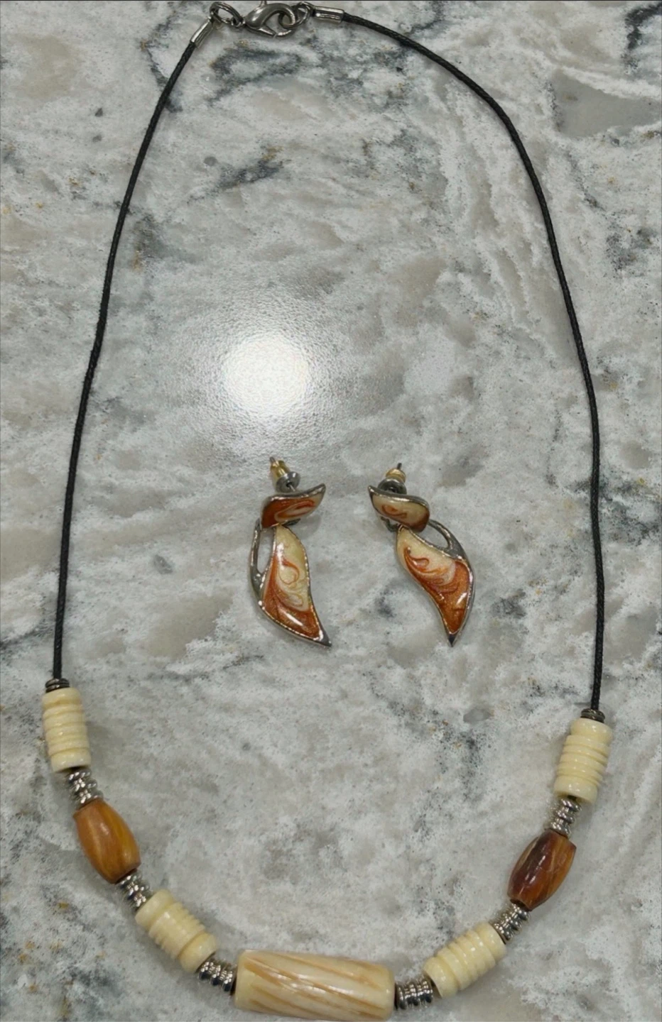 Vintage Style Beaded Brown Cream Enamel Necklace/Earring Set - photo 2