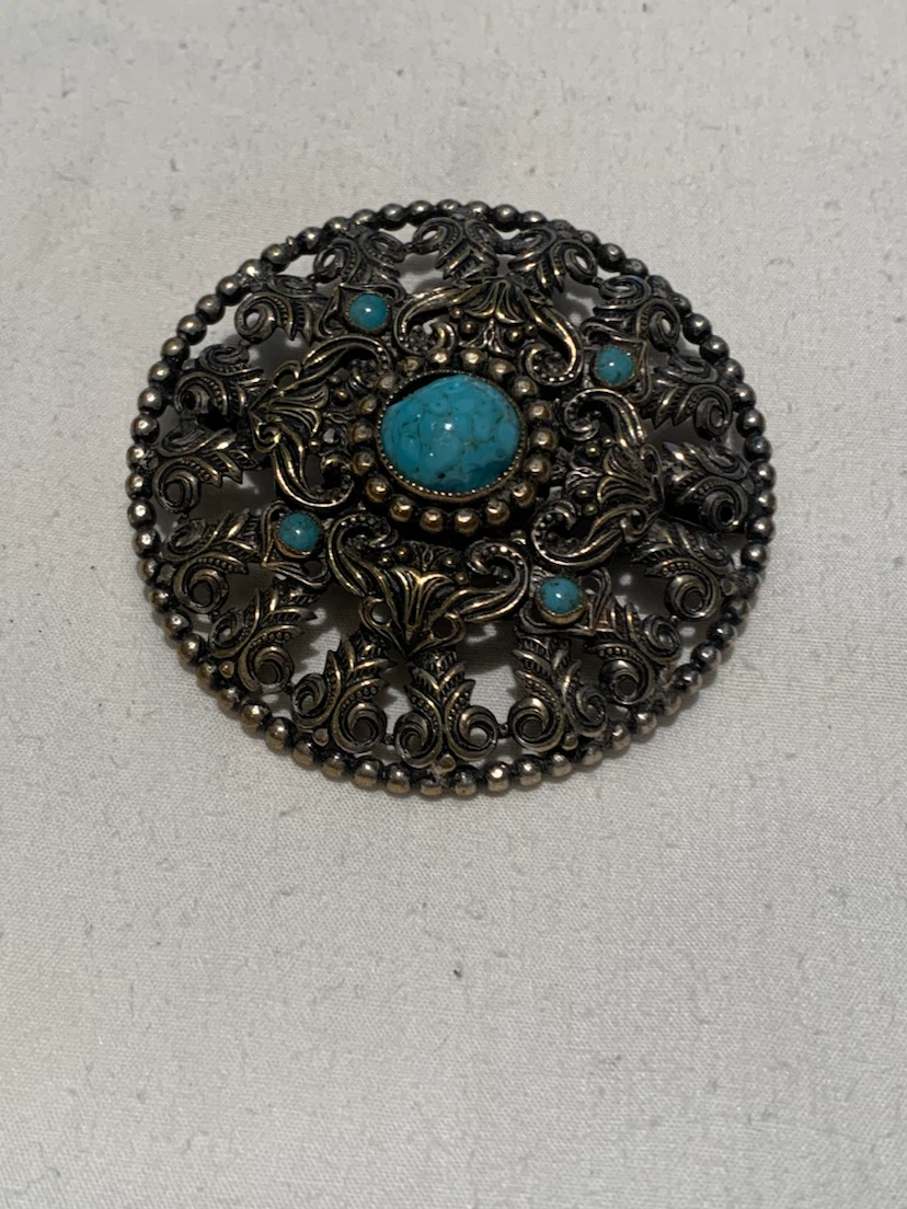 Ornate Brooch with Turquoise Stone
