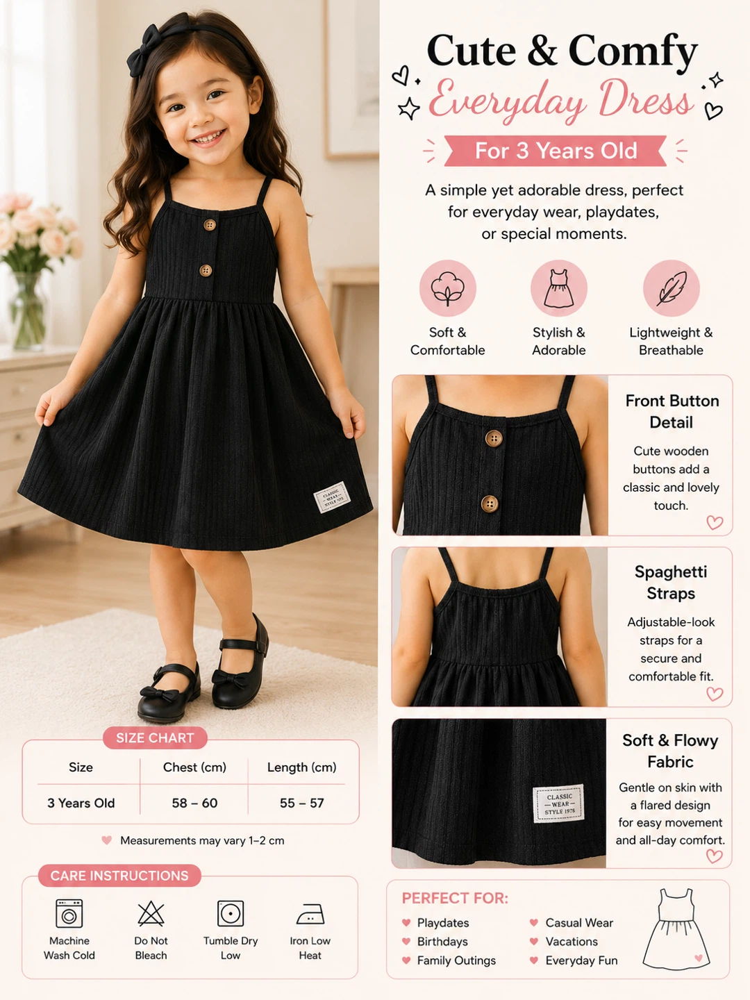 Kids Black Spaghetti Strap Dress - 3 Years Old