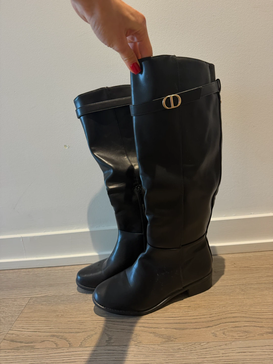 Black Faux Leather Knee-High Boots with Buckle Detail