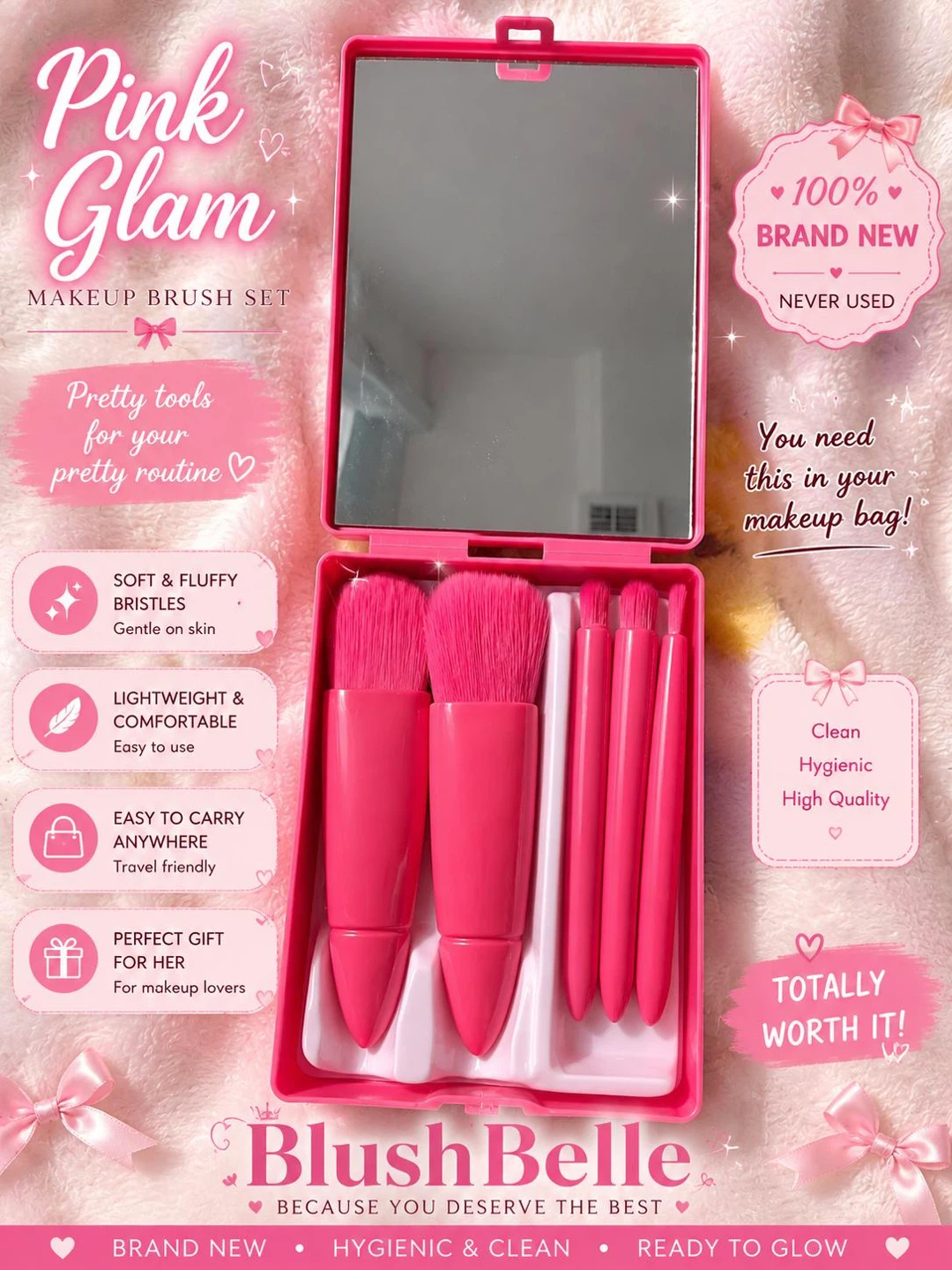 Pink Glam Makeup Brush Set with Mirror