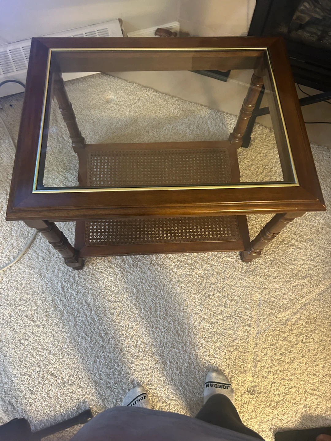 Vintage Wood and Glass Side Table with Cane Shelf