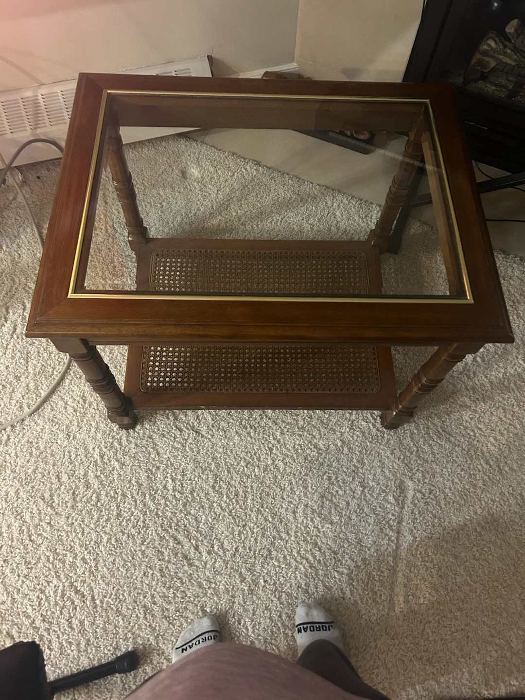 Vintage Wood and Glass Side Table with Cane Shelf - photo 2