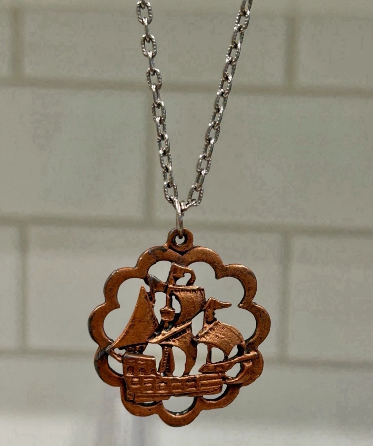 Vintage Copper Tone Nautical Ship Pendant Necklace