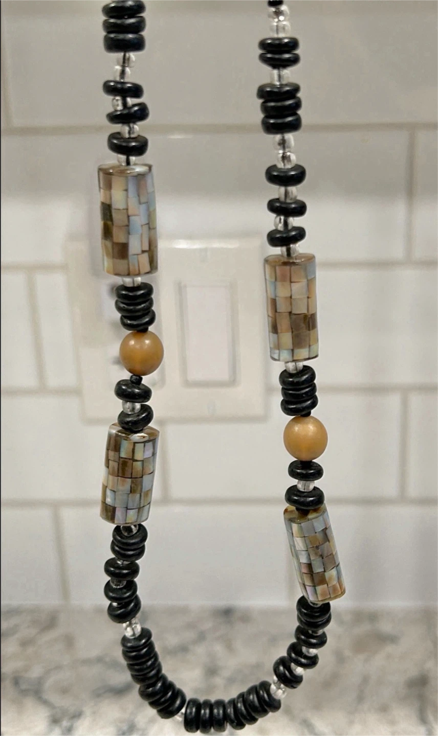 Boho Black Beaded Necklace w/ Mother of Pearl Like Mosaic Beads