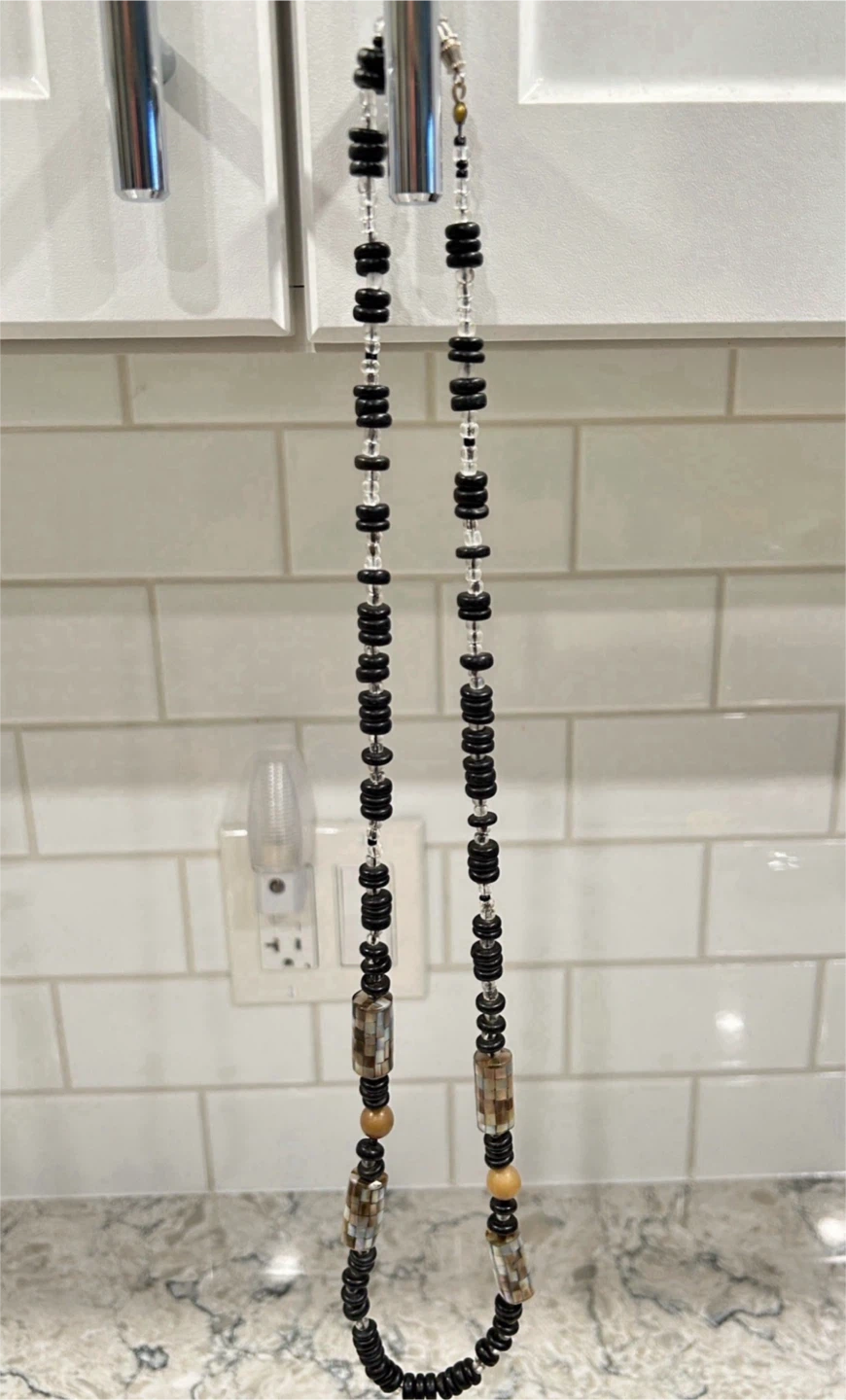 Boho Black Beaded Necklace w/ Mother of Pearl Like Mosaic Beads - photo 2