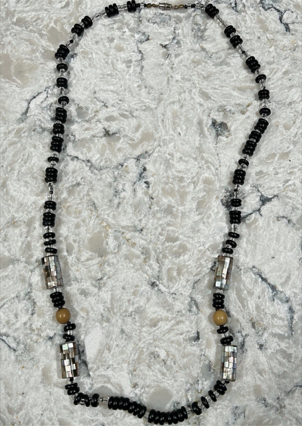 Boho Black Beaded Necklace w/ Mother of Pearl Like Mosaic Beads - photo 3