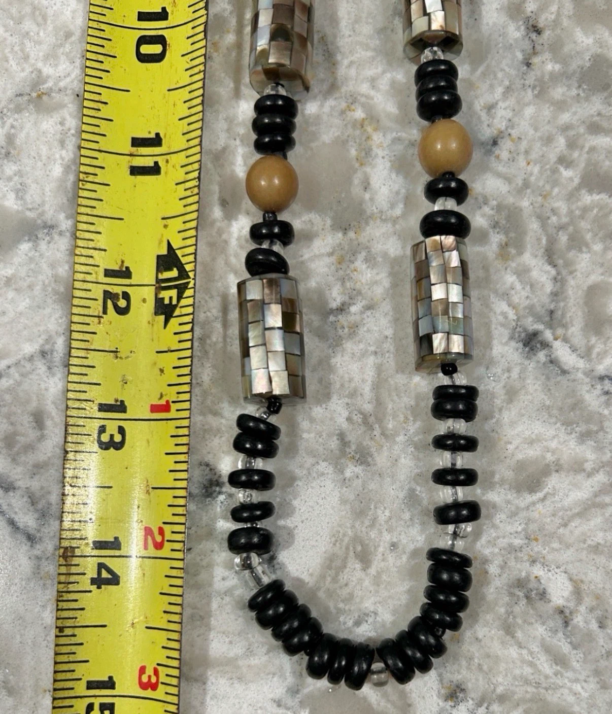 Boho Black Beaded Necklace w/ Mother of Pearl Like Mosaic Beads - photo 5