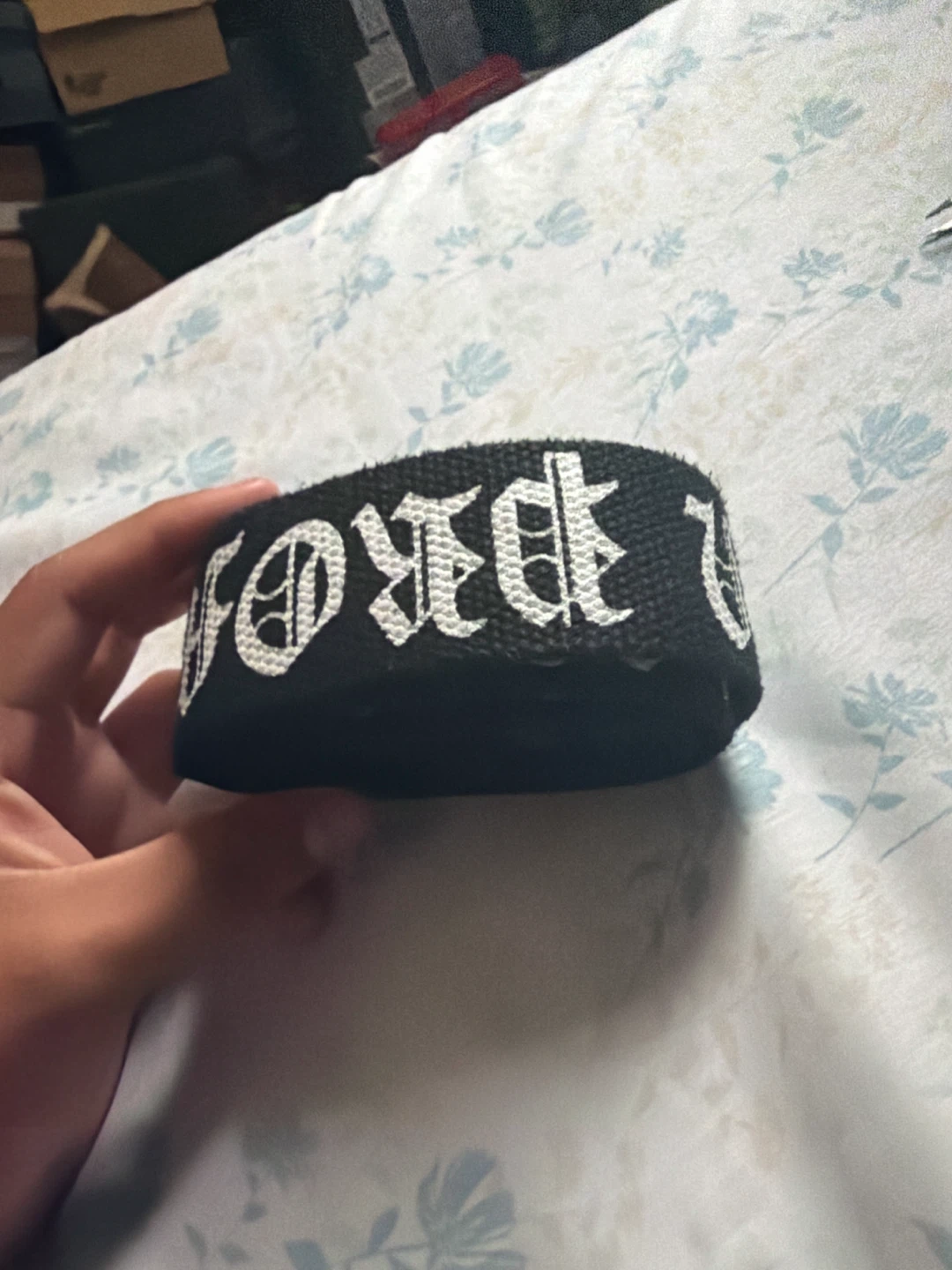 Black Fabric Belt with Gothic Lettering