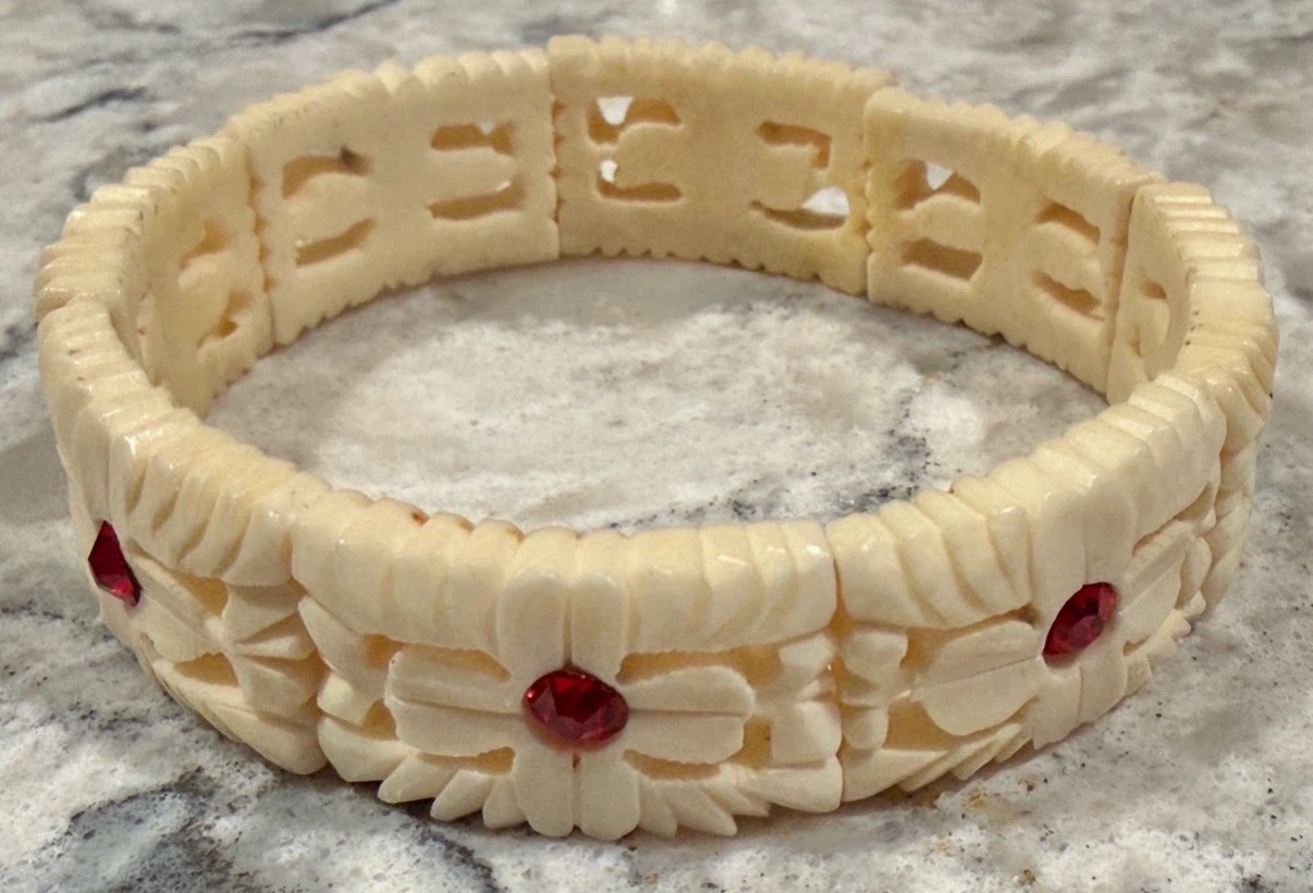Vintage Faux Ivory Carved Panel Bracelet w/ Red Rhinestones
