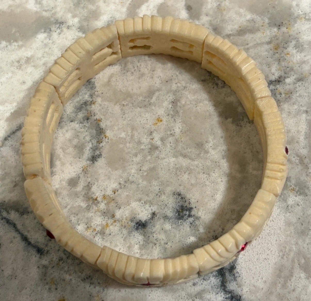 Vintage Faux Ivory Carved Panel Bracelet w/ Red Rhinestones - photo 3