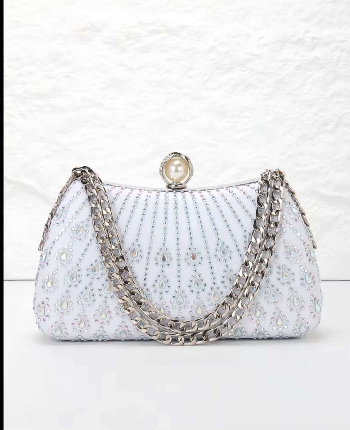 White Embellished Clutch with Pearl Clasp and Chain Strap
