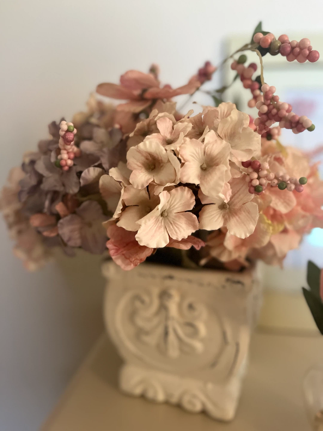 Framed Botanical Print and Artificial Flowers