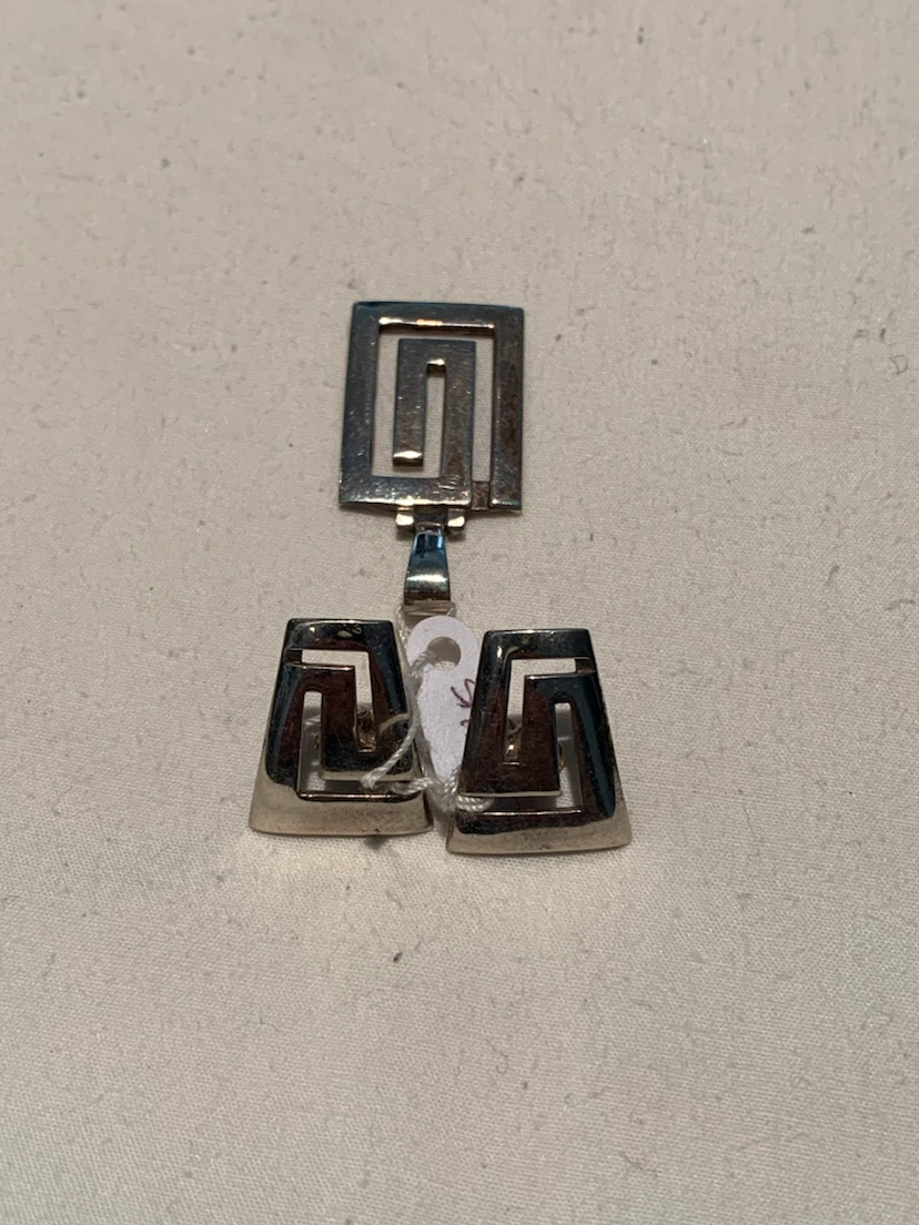 Silver-tone Pendant and Earring Set with Greek Key Design